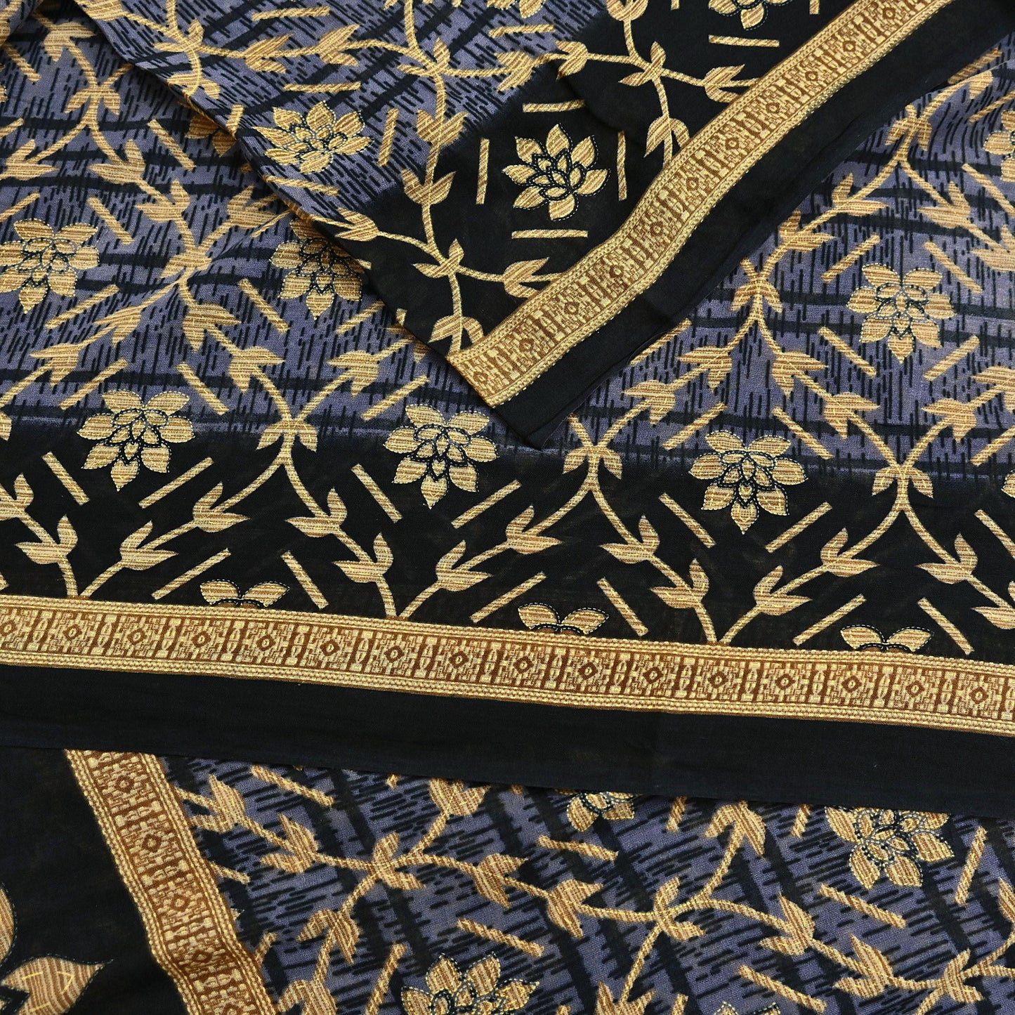 Indian Vintage Sari Black & Purple Pure Cotton Printed Sarees Craft Fabric Soft 5Yd Sarong Wrap Boho Fabric Kimono Quilting Crafting Upcycle