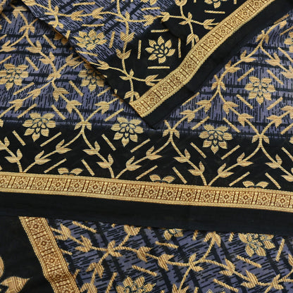 Indian Vintage Sari Black & Purple Pure Cotton Printed Sarees Craft Fabric Soft 5Yd Sarong Wrap Boho Fabric Kimono Quilting Crafting Upcycle