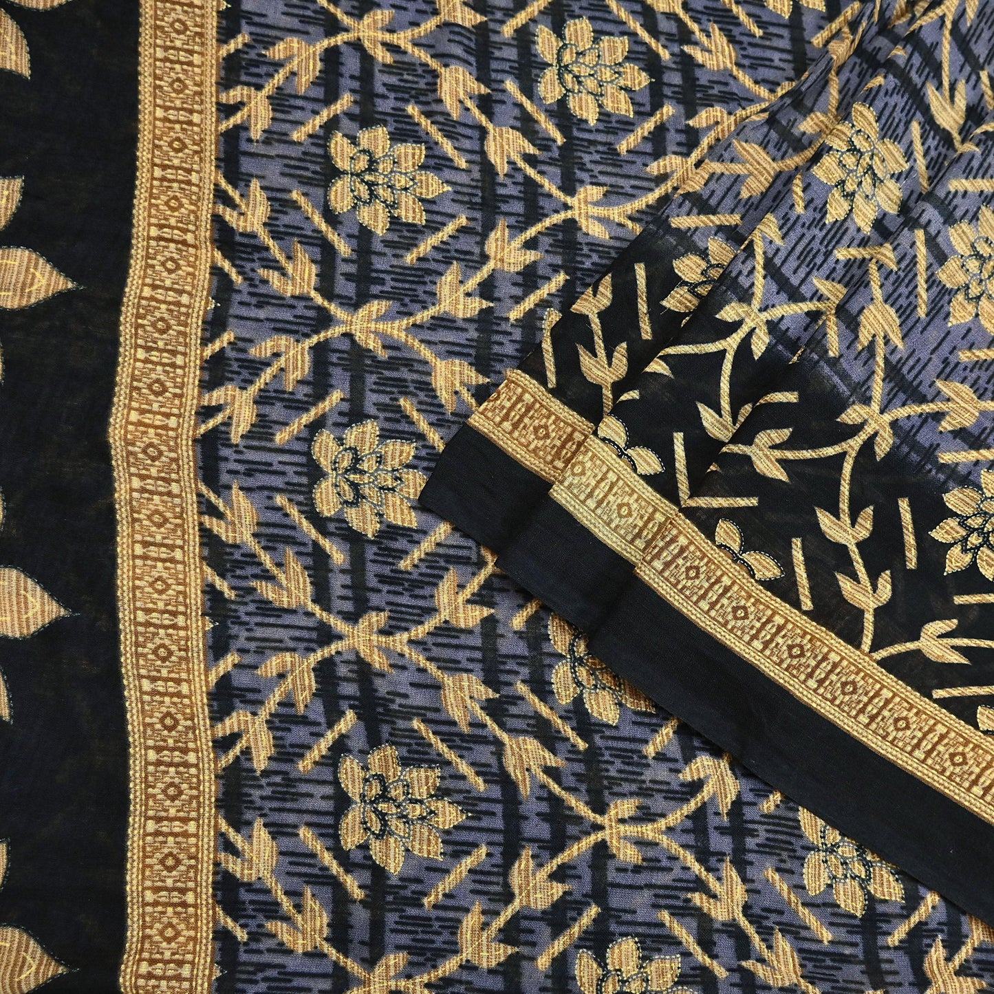 Indian Vintage Sari Black & Purple Pure Cotton Printed Sarees Craft Fabric Soft 5Yd Sarong Wrap Boho Fabric Kimono Quilting Crafting Upcycle