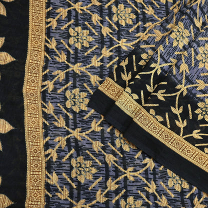 Indian Vintage Sari Black & Purple Pure Cotton Printed Sarees Craft Fabric Soft 5Yd Sarong Wrap Boho Fabric Kimono Quilting Crafting Upcycle