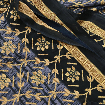 Indian Vintage Sari Black & Purple Pure Cotton Printed Sarees Craft Fabric Soft 5Yd Sarong Wrap Boho Fabric Kimono Quilting Crafting Upcycle
