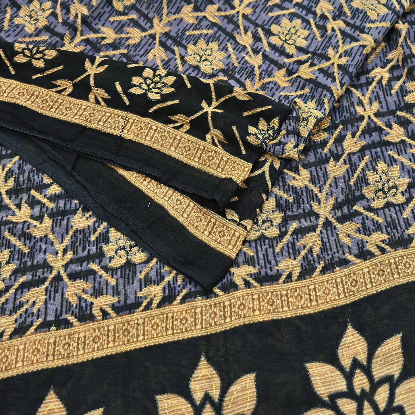 Indian Vintage Sari Black & Purple Pure Cotton Printed Sarees Craft Fabric Soft 5Yd Sarong Wrap Boho Fabric Kimono Quilting Crafting Upcycle