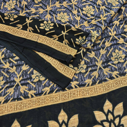 Indian Vintage Sari Black & Purple Pure Cotton Printed Sarees Craft Fabric Soft 5Yd Sarong Wrap Boho Fabric Kimono Quilting Crafting Upcycle