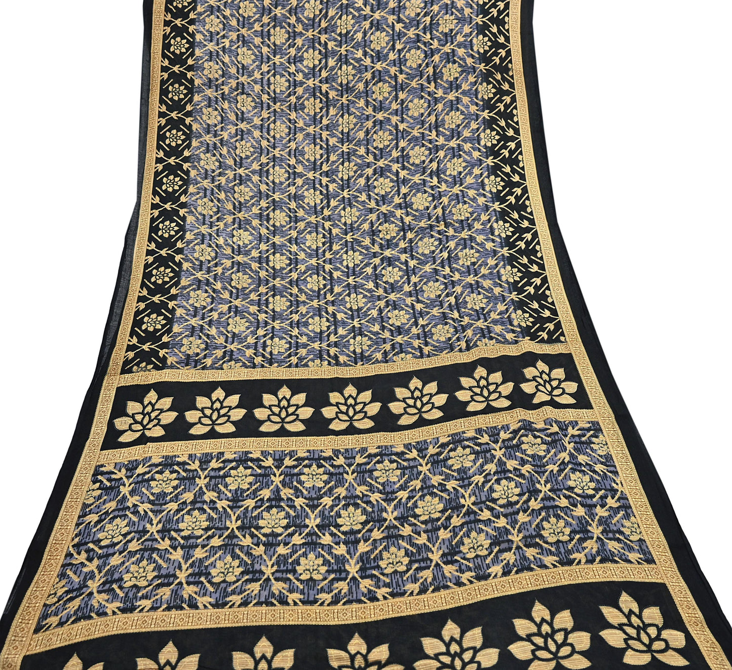 Indian Vintage Sari Black & Purple Pure Cotton Printed Sarees Craft Fabric Soft 5Yd Sarong Wrap Boho Fabric Kimono Quilting Crafting Upcycle