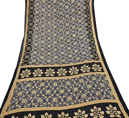 Indian Vintage Sari Black & Purple Pure Cotton Printed Sarees Craft Fabric Soft 5Yd Sarong Wrap Boho Fabric Kimono Quilting Crafting Upcycle