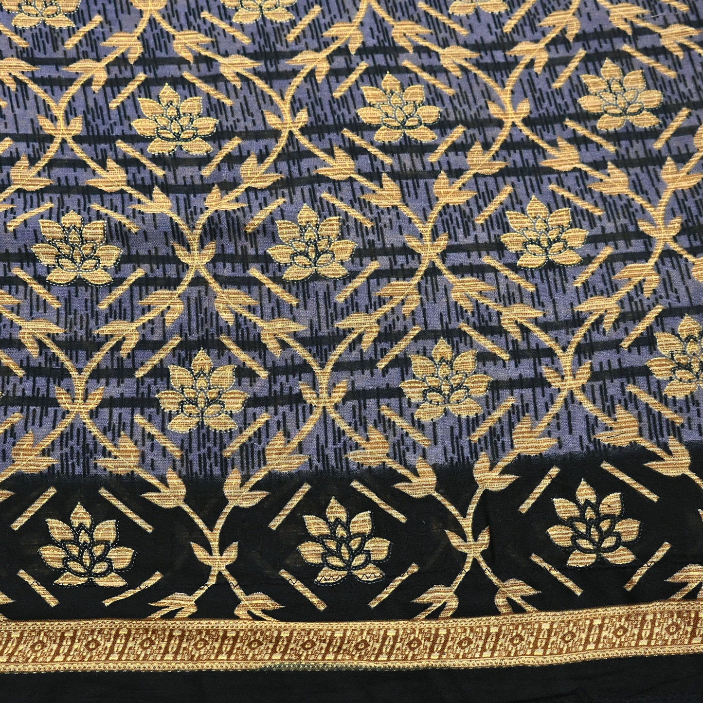 Indian Vintage Sari Black & Purple Pure Cotton Printed Sarees Craft Fabric Soft 5Yd Sarong Wrap Boho Fabric Kimono Quilting Crafting Upcycle