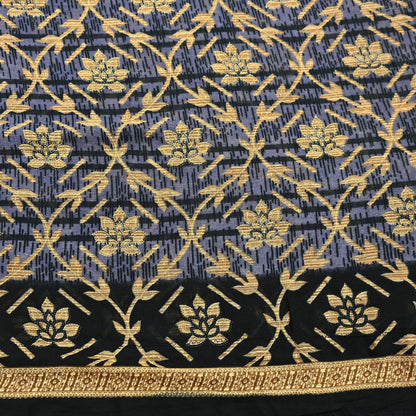 Indian Vintage Sari Black & Purple Pure Cotton Printed Sarees Craft Fabric Soft 5Yd Sarong Wrap Boho Fabric Kimono Quilting Crafting Upcycle