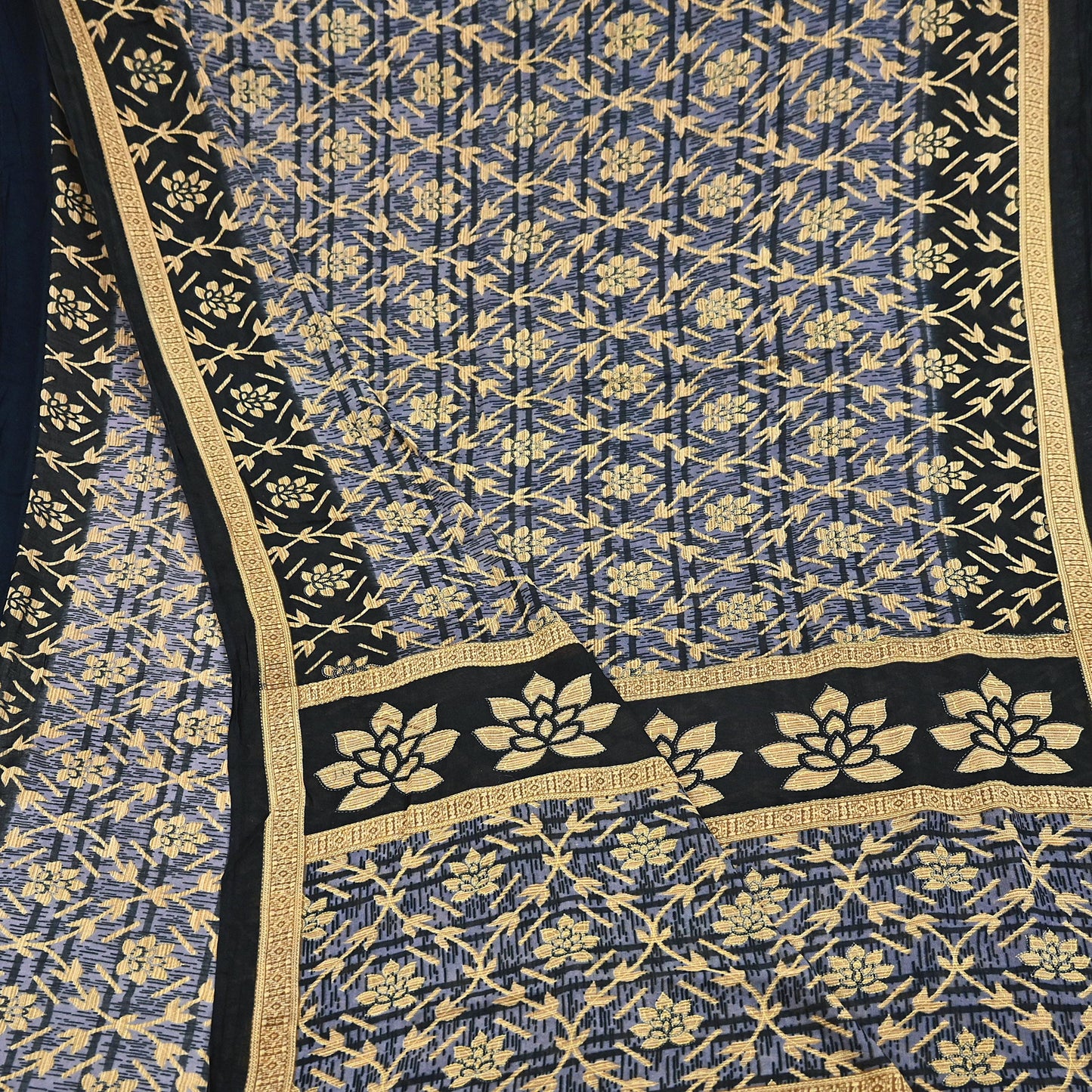 Indian Vintage Sari Black & Purple Pure Cotton Printed Sarees Craft Fabric Soft 5Yd Sarong Wrap Boho Fabric Kimono Quilting Crafting Upcycle