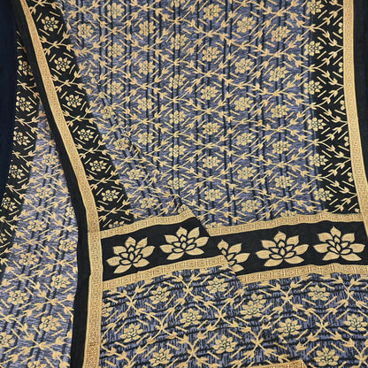 Indian Vintage Sari Black & Purple Pure Cotton Printed Sarees Craft Fabric Soft 5Yd Sarong Wrap Boho Fabric Kimono Quilting Crafting Upcycle