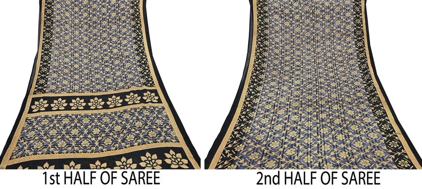 Indian Vintage Sari Black & Purple Pure Cotton Printed Sarees Craft Fabric Soft 5Yd Sarong Wrap Boho Fabric Kimono Quilting Crafting Upcycle