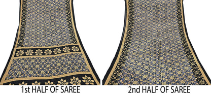 Indian Vintage Sari Black & Purple Pure Cotton Printed Sarees Craft Fabric Soft 5Yd Sarong Wrap Boho Fabric Kimono Quilting Crafting Upcycle