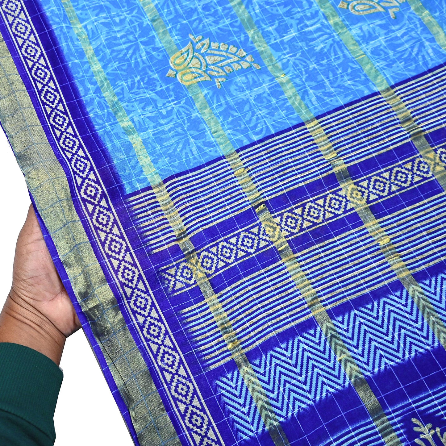 Indian Vintage Sari Blue Printed Pure Cotton Sarees Craft Fabric 5Yd Soft Sewing Sarong Wrap Boho Floral Quilting Dress making