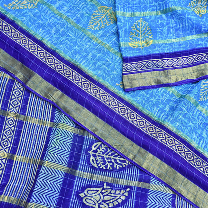 Indian Vintage Sari Blue Printed Pure Cotton Sarees Craft Fabric 5Yd Soft Sewing Sarong Wrap Boho Floral Quilting Dress making