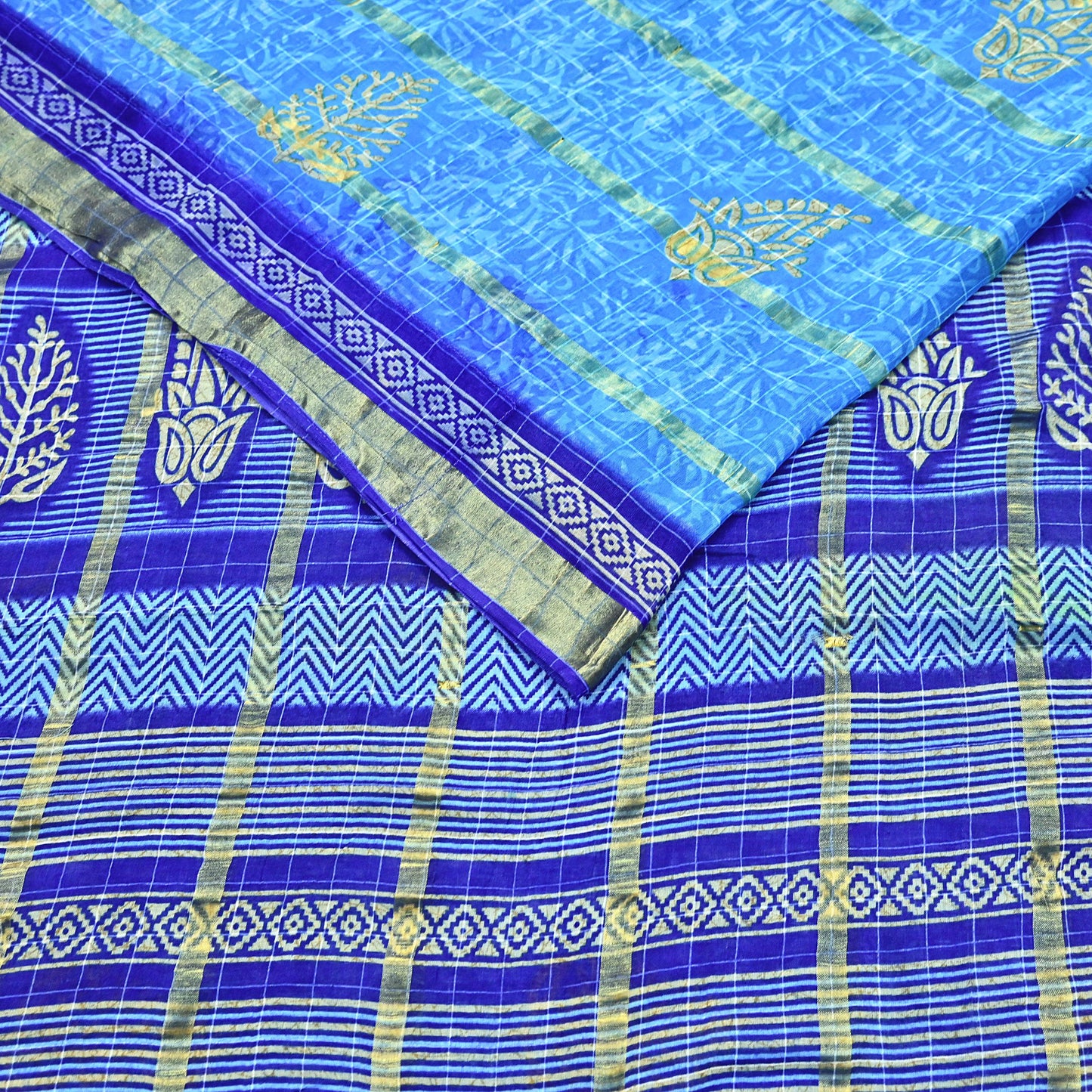 Indian Vintage Sari Blue Printed Pure Cotton Sarees Craft Fabric 5Yd Soft Sewing Sarong Wrap Boho Floral Quilting Dress making