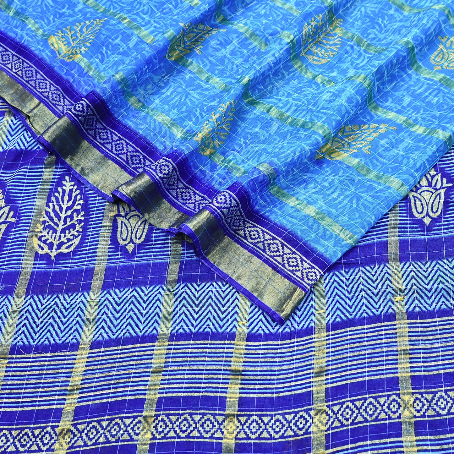 Indian Vintage Sari Blue Printed Pure Cotton Sarees Craft Fabric 5Yd Soft Sewing Sarong Wrap Boho Floral Quilting Dress making