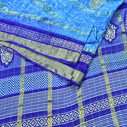 Indian Vintage Sari Blue Printed Pure Cotton Sarees Craft Fabric 5Yd Soft Sewing Sarong Wrap Boho Floral Quilting Dress making