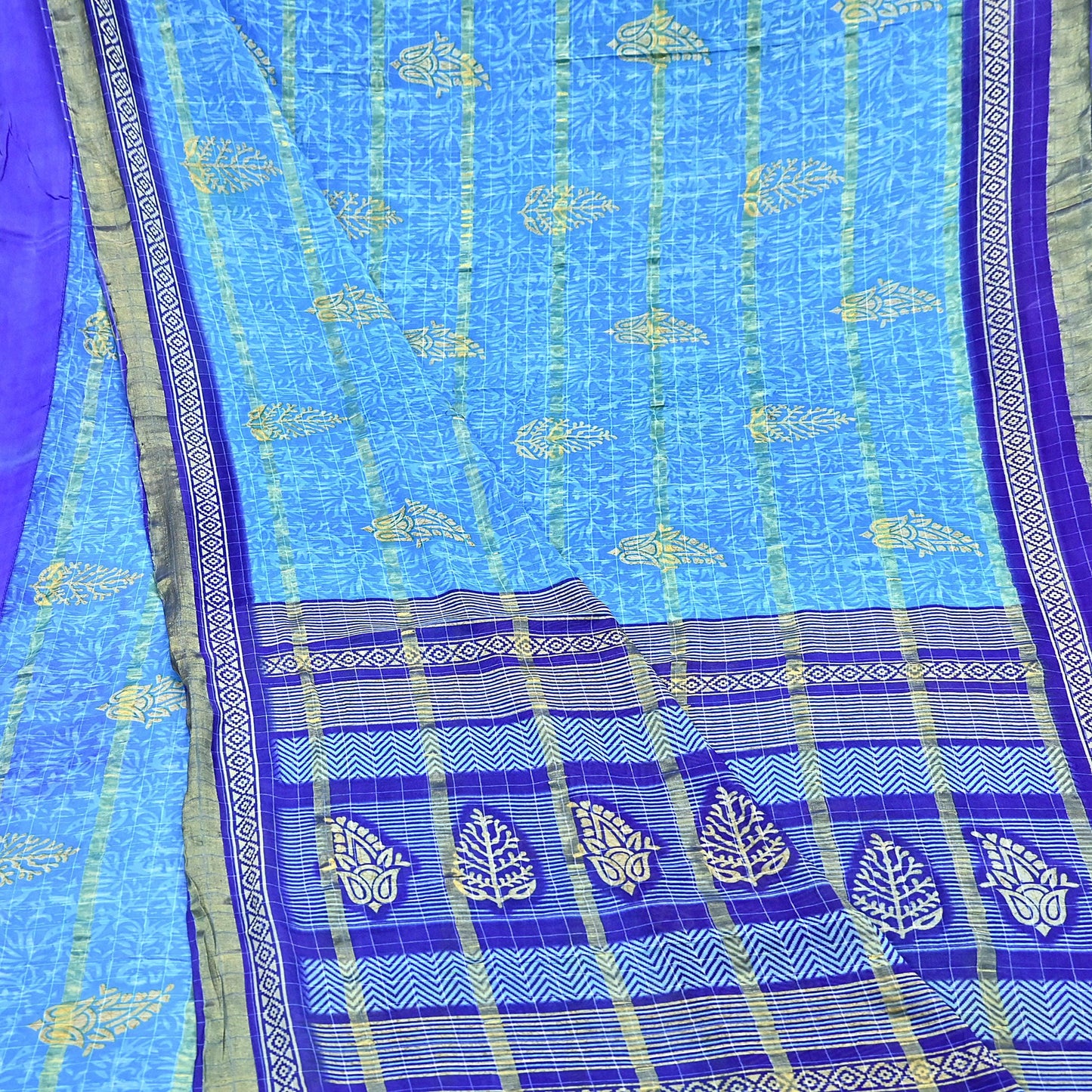 Indian Vintage Sari Blue Printed Pure Cotton Sarees Craft Fabric 5Yd Soft Sewing Sarong Wrap Boho Floral Quilting Dress making