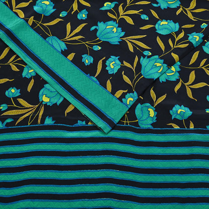 Indian Vintage Sari Green & Black Pure Crepe Silk Printed Saree 5yard Sewing Floral Soft Craft Fabric Wrap Crafting Quilting Upcycle