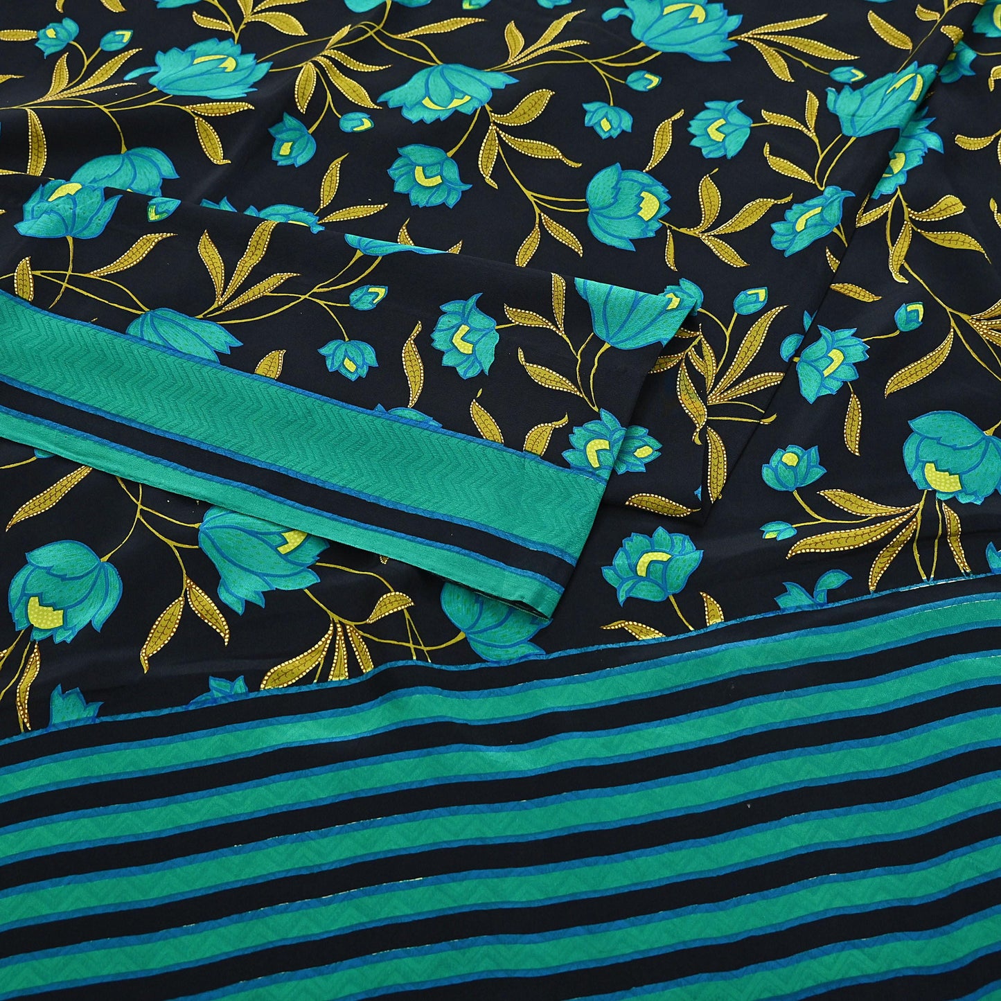 Indian Vintage Sari Green & Black Pure Crepe Silk Printed Saree 5yard Sewing Floral Soft Craft Fabric Wrap Crafting Quilting Upcycle