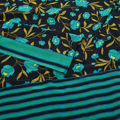 Indian Vintage Sari Green & Black Pure Crepe Silk Printed Saree 5yard Sewing Floral Soft Craft Fabric Wrap Crafting Quilting Upcycle