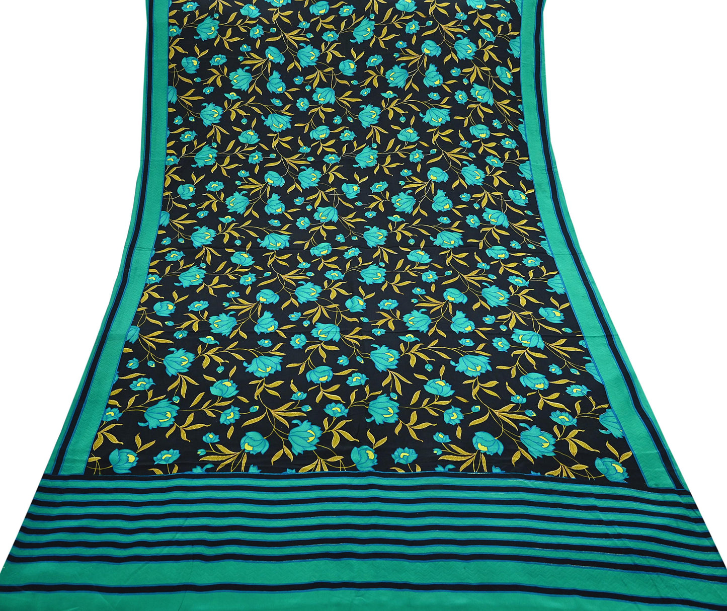 Indian Vintage Sari Green & Black Pure Crepe Silk Printed Saree 5yard Sewing Floral Soft Craft Fabric Wrap Crafting Quilting Upcycle