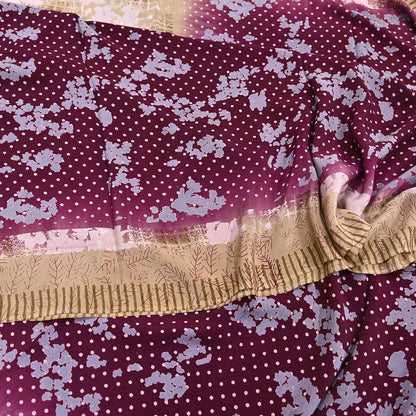 Indian Vintage Sari Maroon & Brown Pure Crepe Silk Printed Saree 5yard Sewing Quilting Floral Soft Craft Fabric Wrap