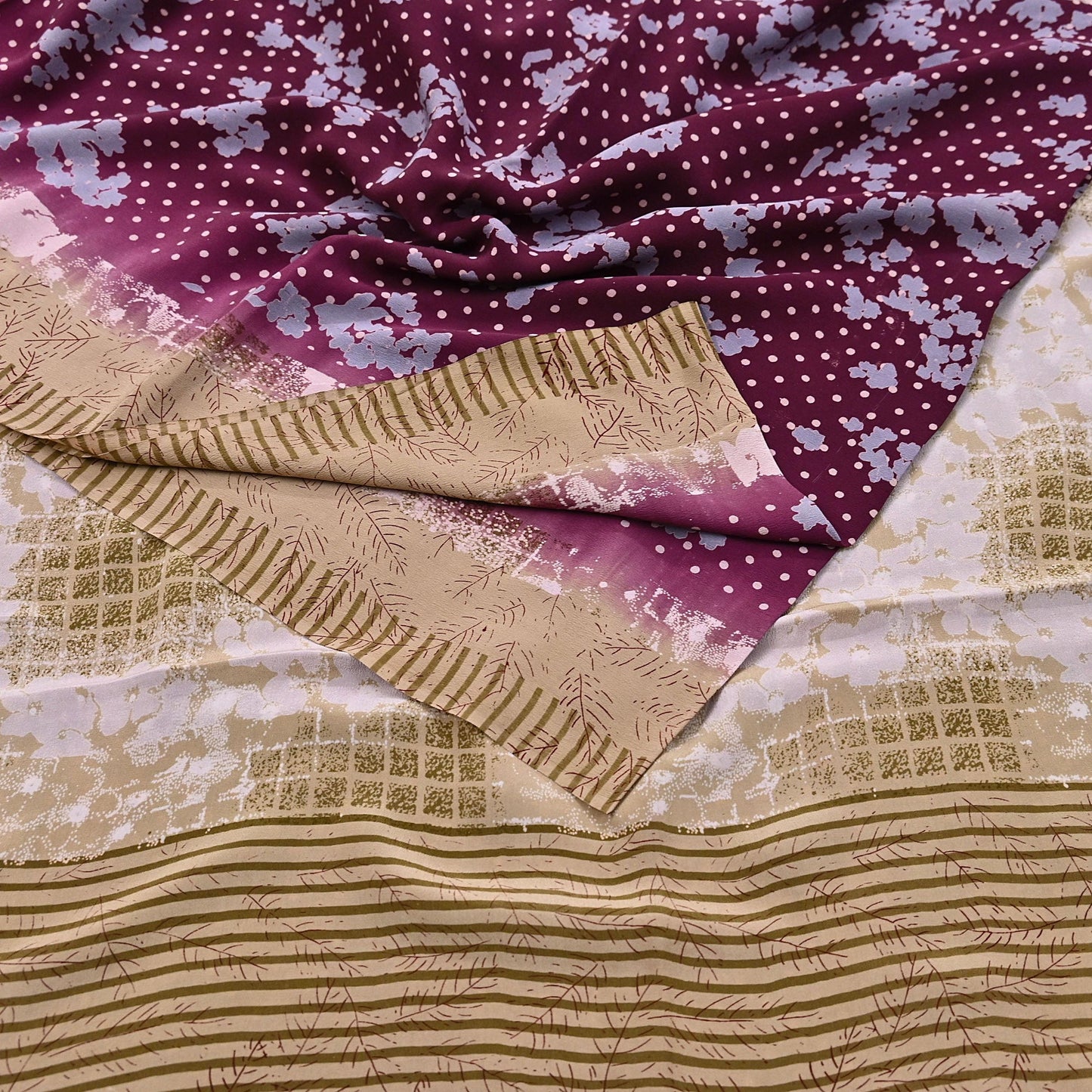 Indian Vintage Sari Maroon & Brown Pure Crepe Silk Printed Saree 5yard Sewing Quilting Floral Soft Craft Fabric Wrap