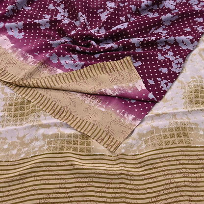 Indian Vintage Sari Maroon & Brown Pure Crepe Silk Printed Saree 5yard Sewing Quilting Floral Soft Craft Fabric Wrap
