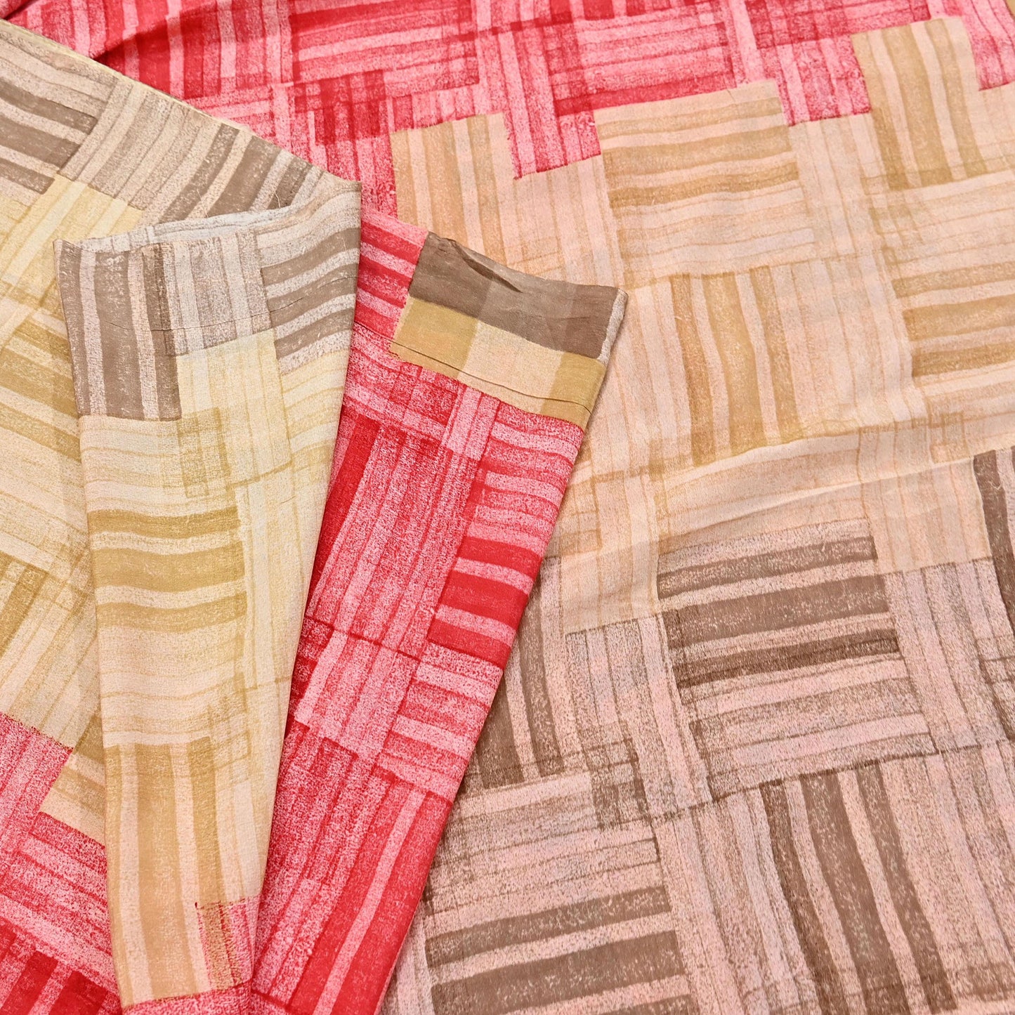 Indian Vintage Sari Red & brown Pure Crepe Silk Printed Saree 6yard Sewing Geometric Craft Fabric Wrap Dress Making Crafting Quilting