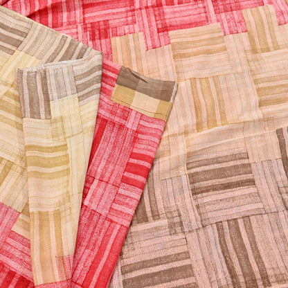 Indian Vintage Sari Red & brown Pure Crepe Silk Printed Saree 6yard Sewing Geometric Craft Fabric Wrap Dress Making Crafting Quilting