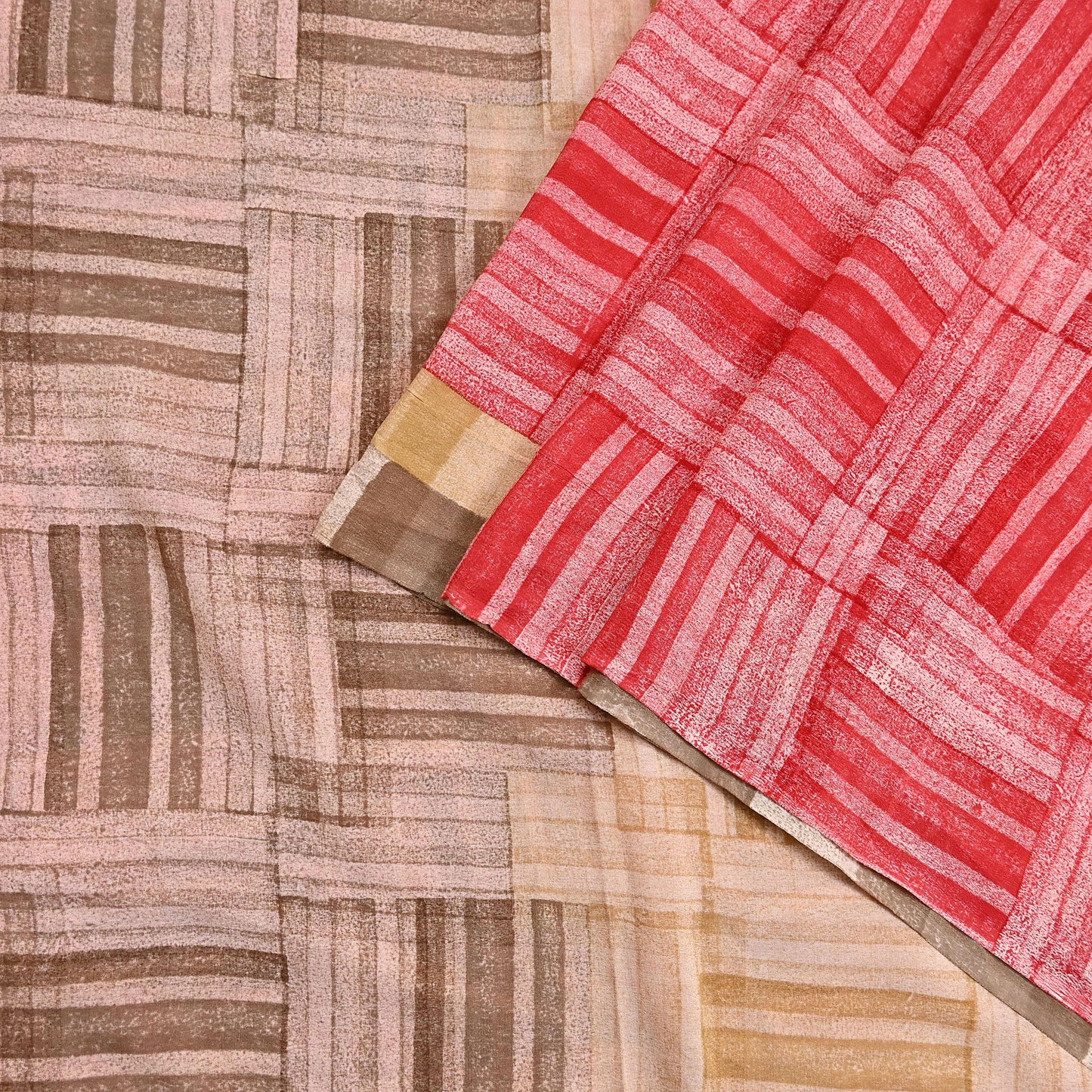 Indian Vintage Sari Red & brown Pure Crepe Silk Printed Saree 6yard Sewing Geometric Craft Fabric Wrap Dress Making Crafting Quilting