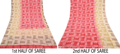 Indian Vintage Sari Red & brown Pure Crepe Silk Printed Saree 6yard Sewing Geometric Craft Fabric Wrap Dress Making Crafting Quilting