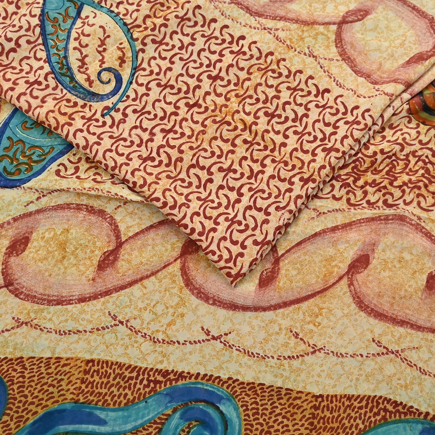 Indian Vintage Beige Pure Crepe Silk Saree Floral Block Print 5 Yards Soft Sewing Fabric for Dressmaking, Quilting, Crafting