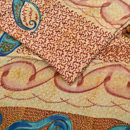 Indian Vintage Beige Pure Crepe Silk Saree Floral Block Print 5 Yards Soft Sewing Fabric for Dressmaking, Quilting, Crafting