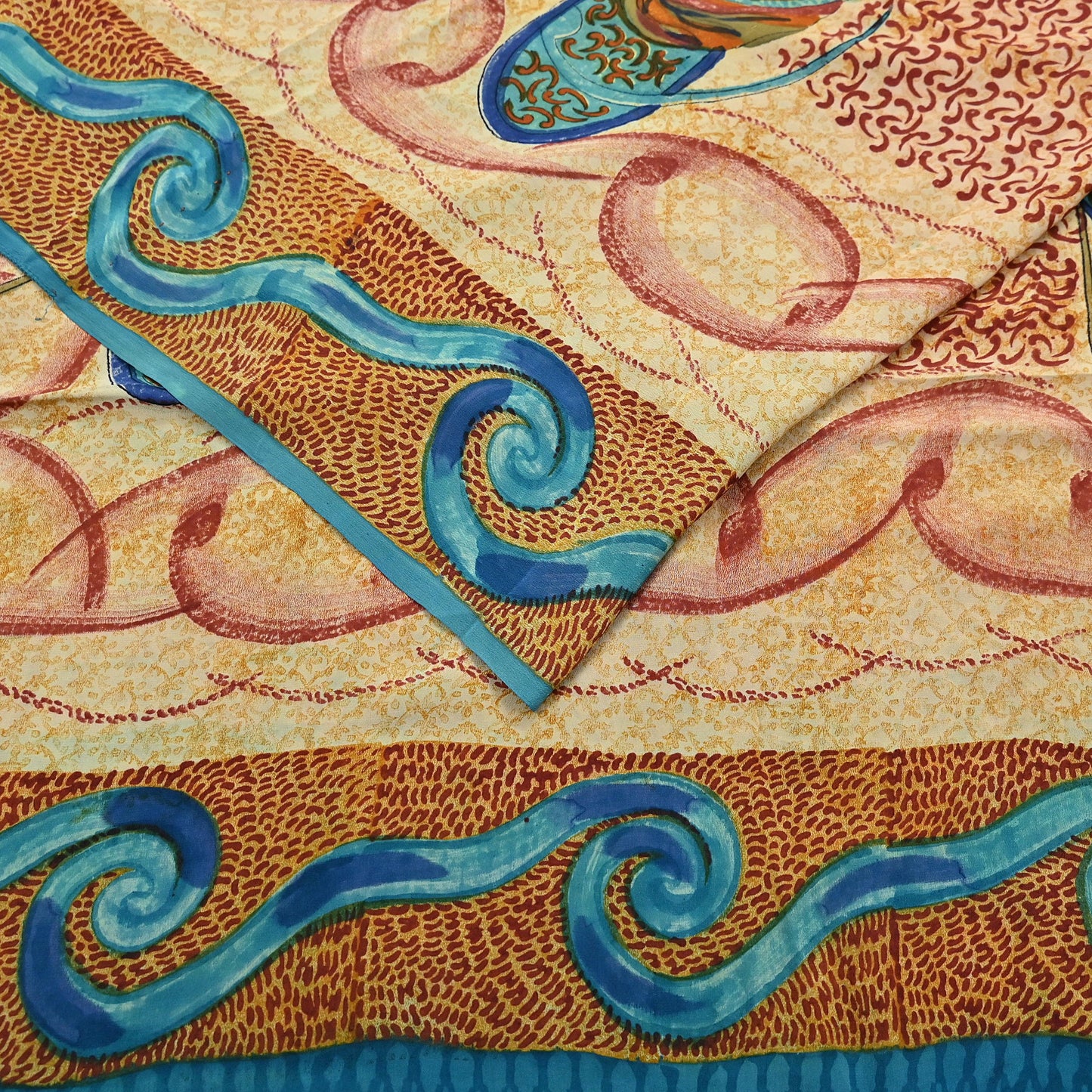 Indian Vintage Beige Pure Crepe Silk Saree Floral Block Print 5 Yards Soft Sewing Fabric for Dressmaking, Quilting, Crafting