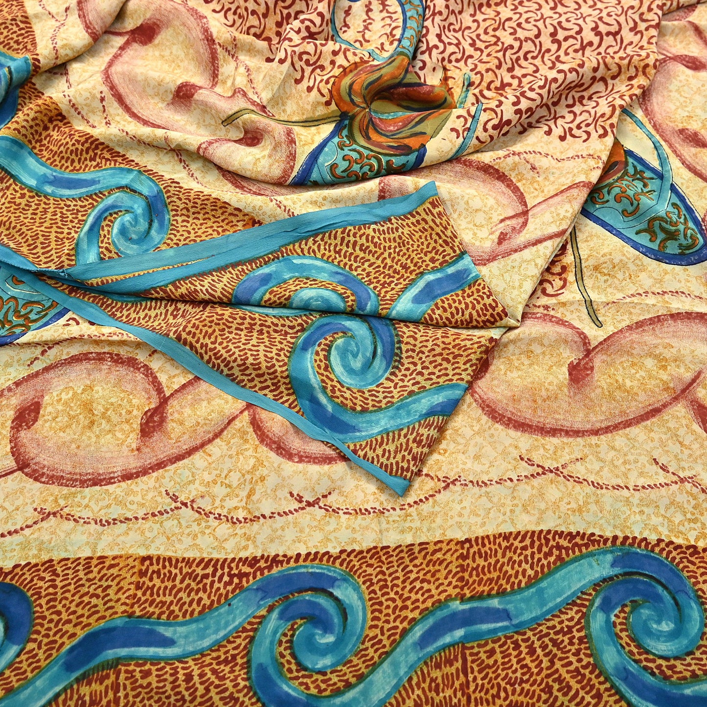 Indian Vintage Beige Pure Crepe Silk Saree Floral Block Print 5 Yards Soft Sewing Fabric for Dressmaking, Quilting, Crafting
