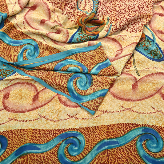 Indian Vintage Beige Pure Crepe Silk Saree Floral Block Print 5 Yards Soft Sewing Fabric for Dressmaking, Quilting, Crafting