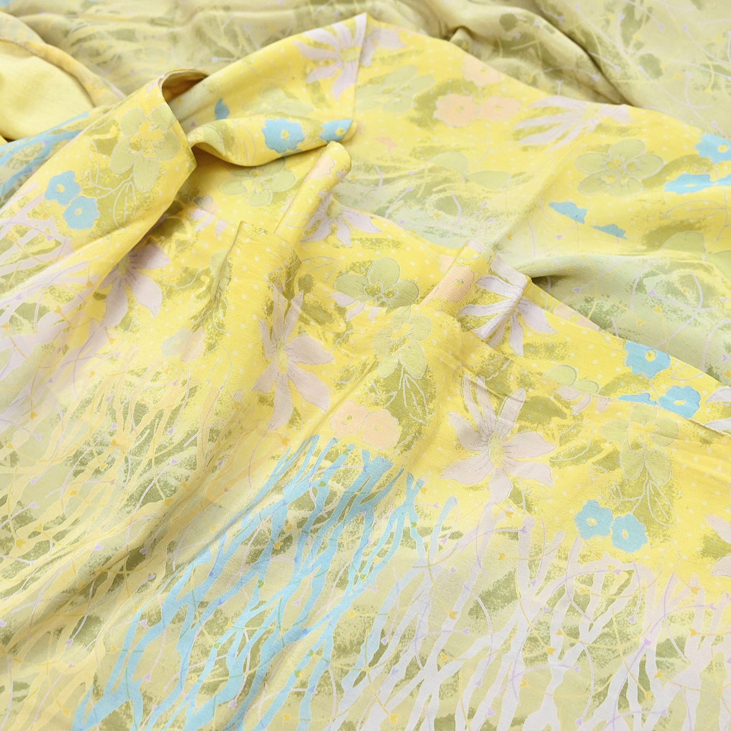 Indian Vintage Sari Green Yellow Pure Crepe Silk Printed Saree 5yard Sewing Quilting Floral Soft Craft Fabric Wrap