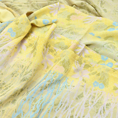 Indian Vintage Sari Green Yellow Pure Crepe Silk Printed Saree 5yard Sewing Quilting Floral Soft Craft Fabric Wrap