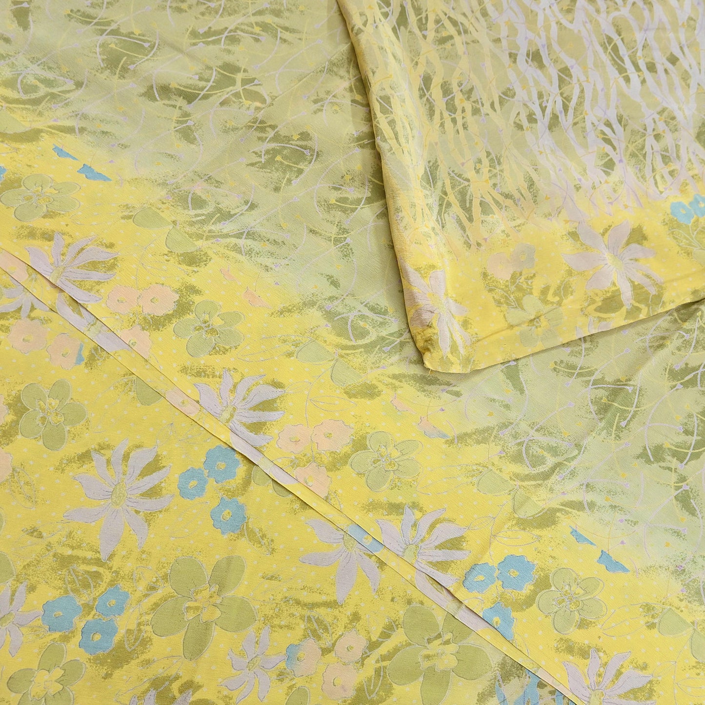 Indian Vintage Sari Green Yellow Pure Crepe Silk Printed Saree 5yard Sewing Quilting Floral Soft Craft Fabric Wrap