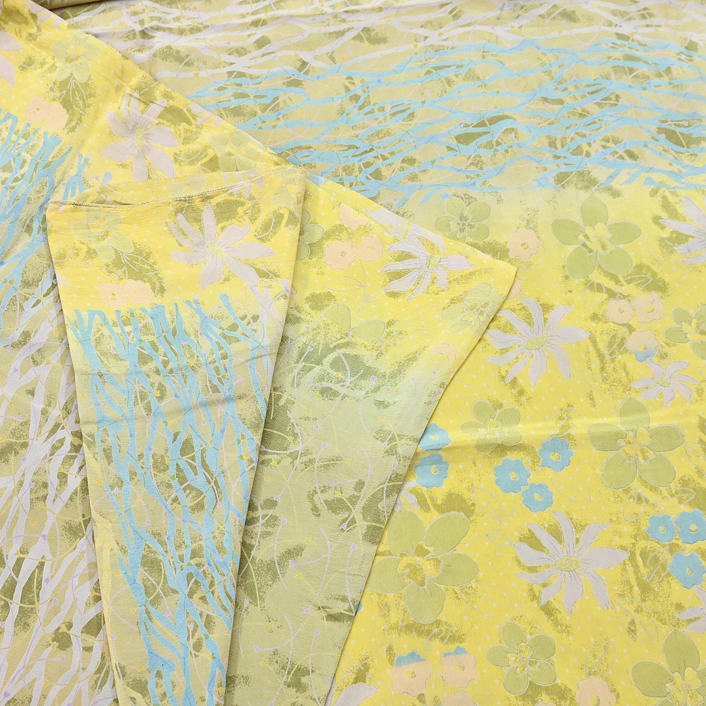 Indian Vintage Sari Green Yellow Pure Crepe Silk Printed Saree 5yard Sewing Quilting Floral Soft Craft Fabric Wrap