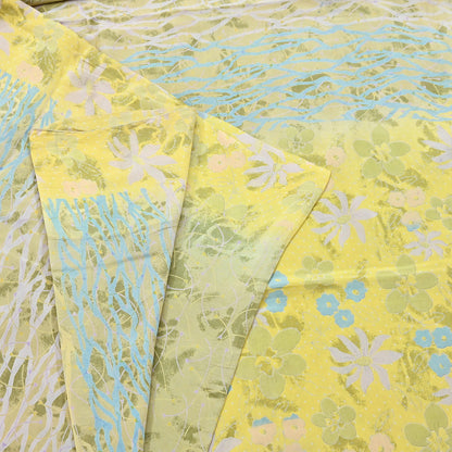 Indian Vintage Sari Green Yellow Pure Crepe Silk Printed Saree 5yard Sewing Quilting Floral Soft Craft Fabric Wrap