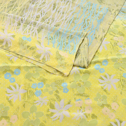 Indian Vintage Sari Green Yellow Pure Crepe Silk Printed Saree 5yard Sewing Quilting Floral Soft Craft Fabric Wrap