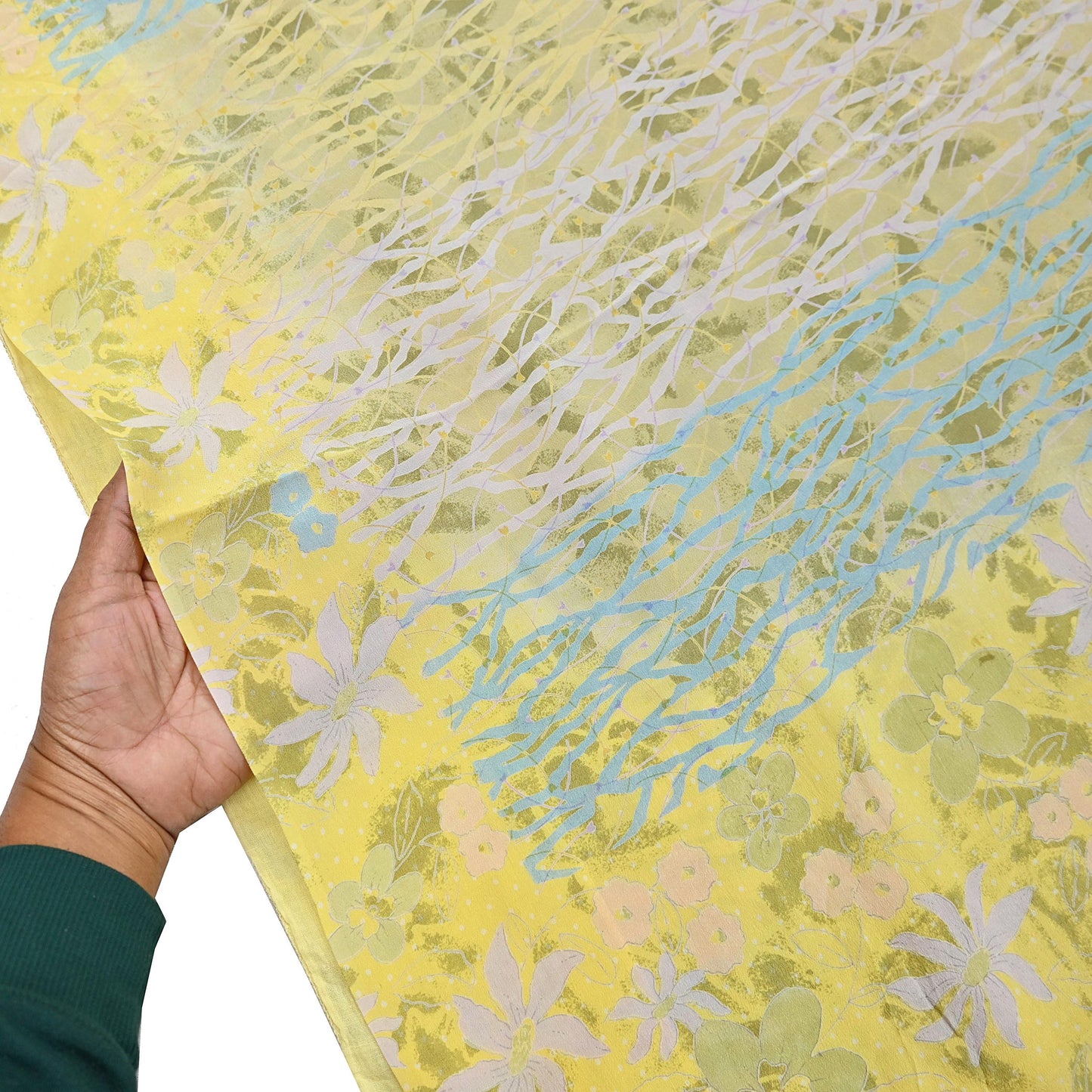 Indian Vintage Sari Green Yellow Pure Crepe Silk Printed Saree 5yard Sewing Quilting Floral Soft Craft Fabric Wrap