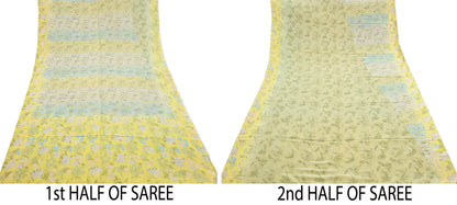 Indian Vintage Sari Green Yellow Pure Crepe Silk Printed Saree 5yard Sewing Quilting Floral Soft Craft Fabric Wrap