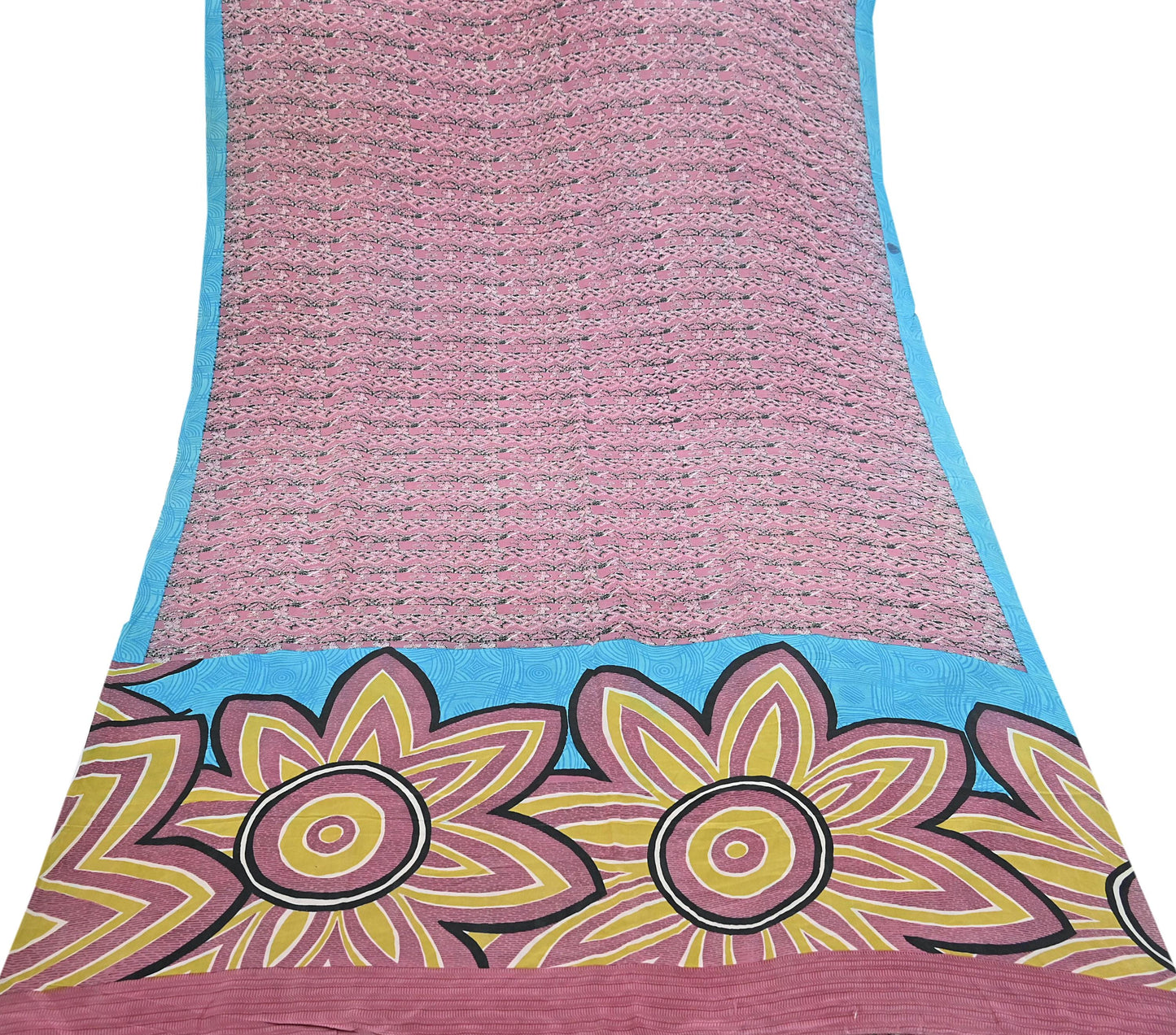 Indian Vintage Sari Pink & Black Pure Crepe Silk Printed Saree 5yard Sewing Floral Soft Craft Fabric Wrap Crafting Quilting Upcycle