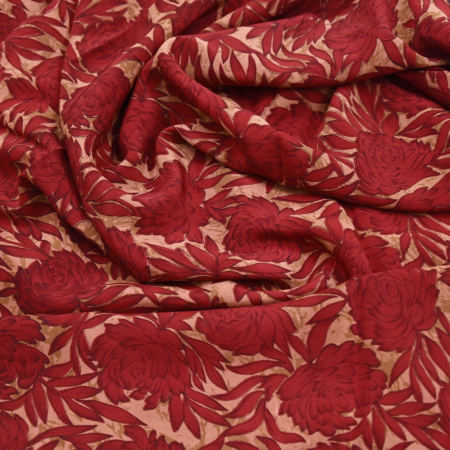 Indian Vintage Sari Red & Brown Pure Crepe Silk Printed Saree 5yard Sewing Quilting Floral Soft Craft Fabric Wrap