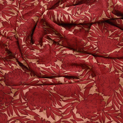 Indian Vintage Sari Red & Brown Pure Crepe Silk Printed Saree 5yard Sewing Quilting Floral Soft Craft Fabric Wrap