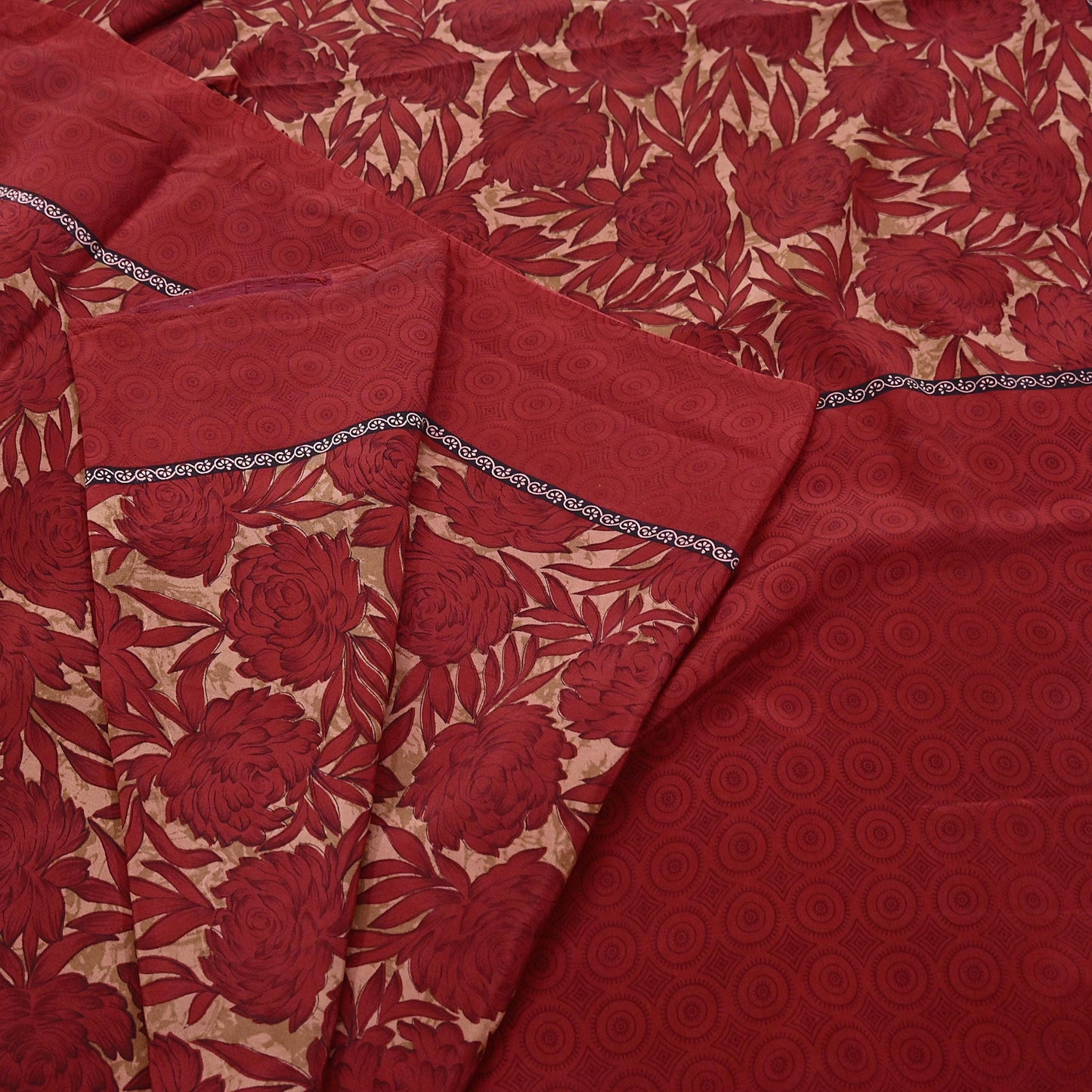 Indian Vintage Sari Red & Brown Pure Crepe Silk Printed Saree 5yard Sewing Quilting Floral Soft Craft Fabric Wrap