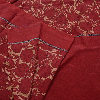 Indian Vintage Sari Red & Brown Pure Crepe Silk Printed Saree 5yard Sewing Quilting Floral Soft Craft Fabric Wrap